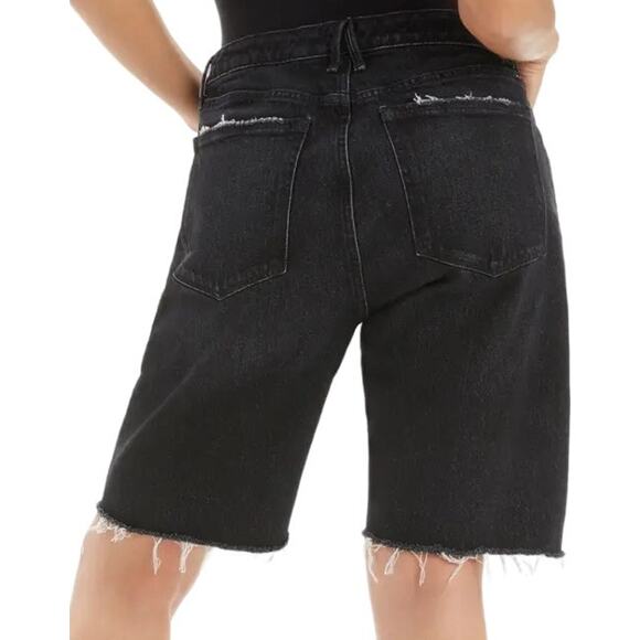 Good American Good 90's Bermuda Shorts Fitted Waist Raw Hem Black227 0/25 NWT - Picture 2 of 7